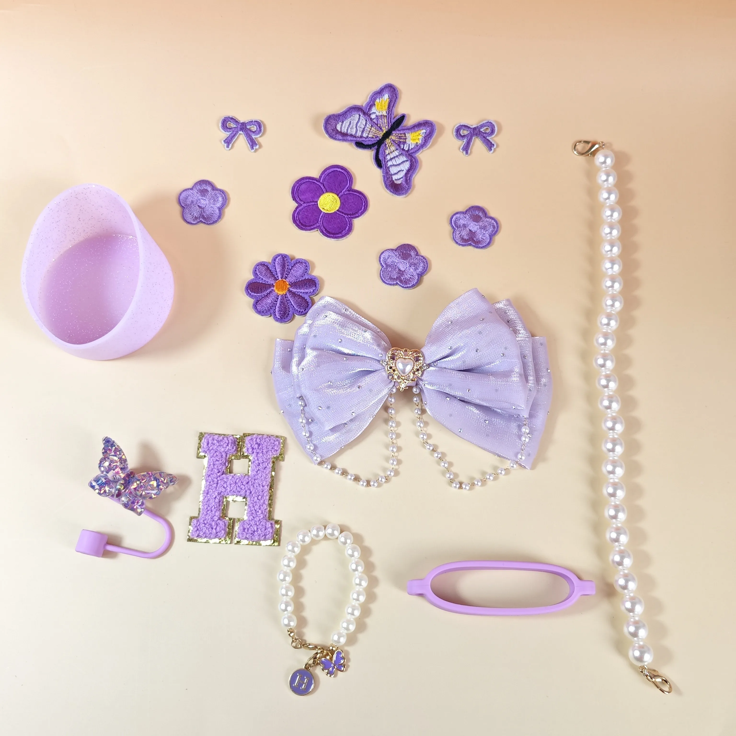 Purple Straw Cup with Bow Tie Decoration Ins Style Keychain Cup Sleeve And Chain Letter Detail New Fashionable Cup Accessory