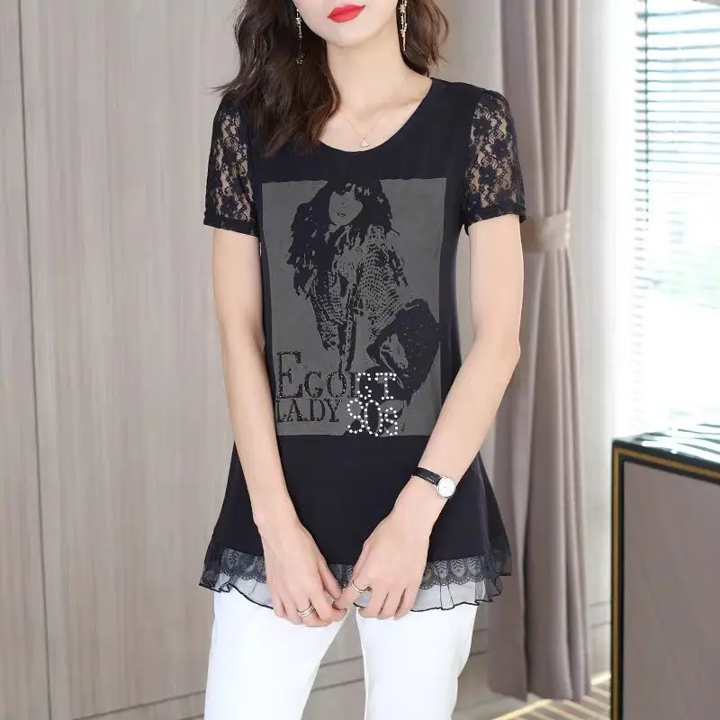 Casual Short Sleeve Elegant Lace Patchwork T-shirt Women\'s Clothing Fashion Printed Diamonds Summer Loose O-Neck Midi Pullovers