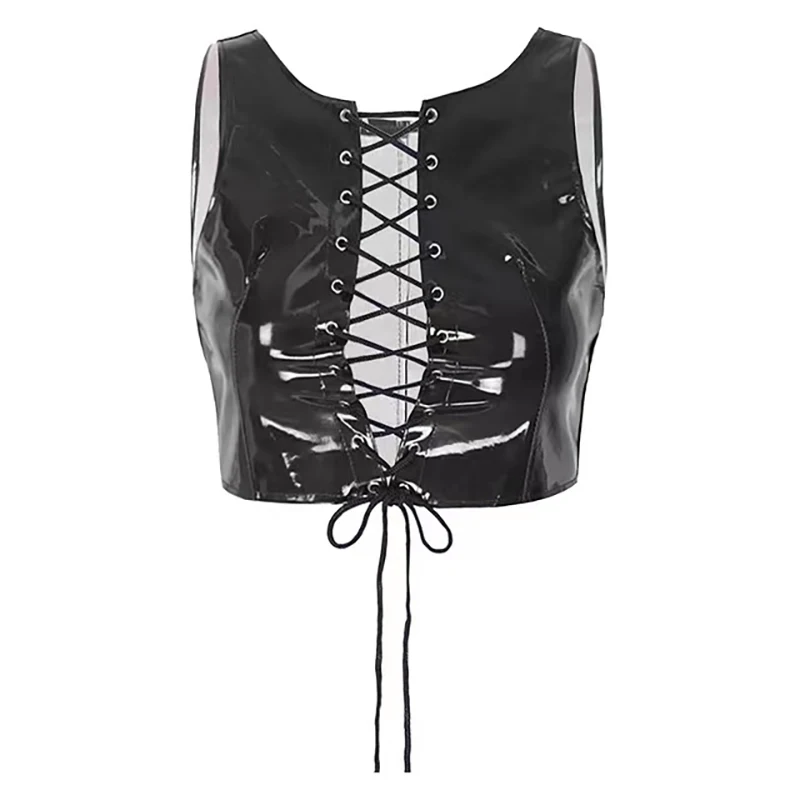 Women sexy shiny leather Vest Hot Porn Breast Exposed Cleavage Wetlook Latex Shaping Camisole Lace-up Front Adjustable Sexi