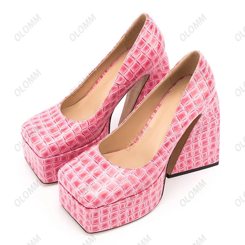 Olomm Handmade Women Pumps Stone Pattern Strange Heels Round Toe Gorgeous Pink Sky Blue Party Shoes Ladies Plus US Size 5-10.5