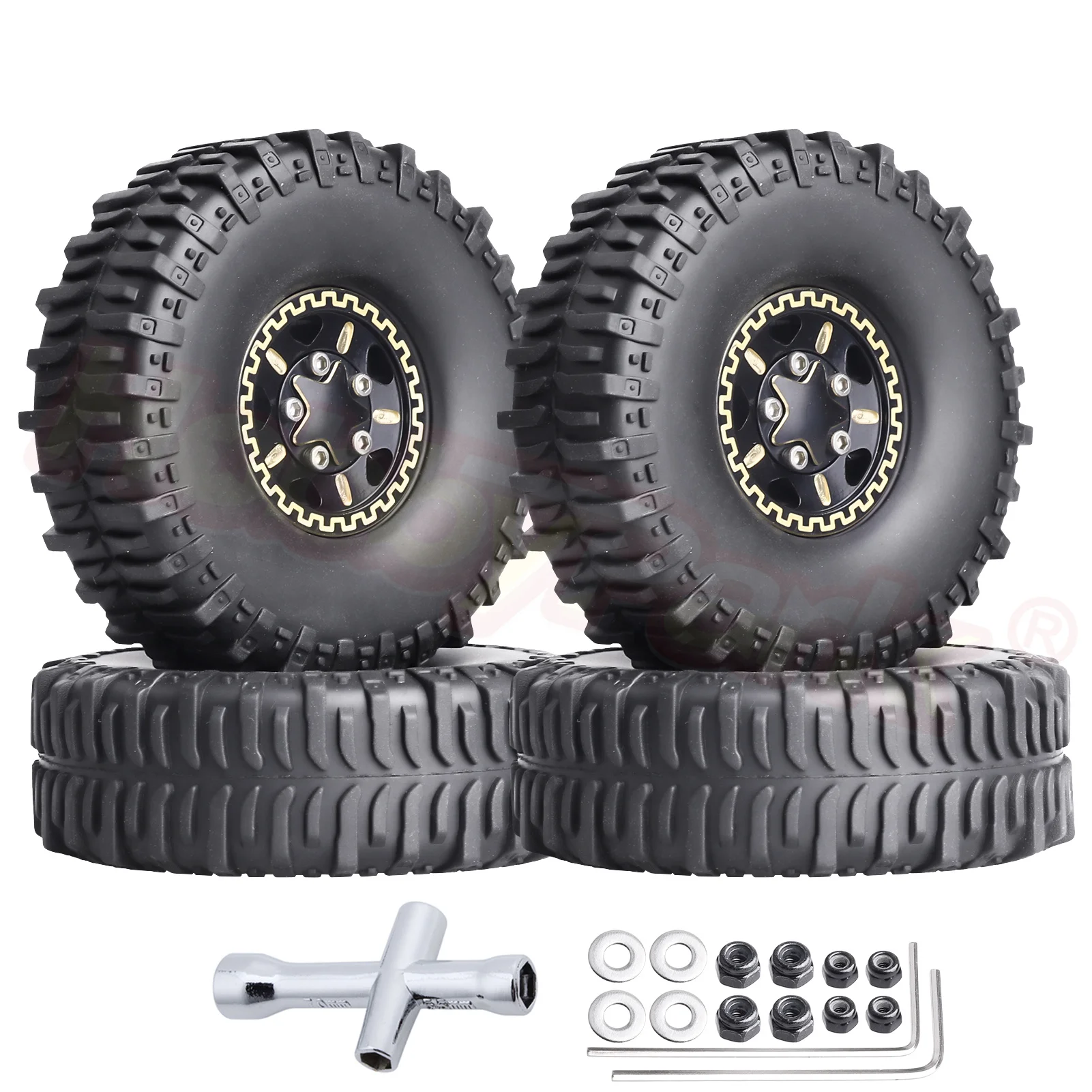 HobbyPark Brass 1.0 Beadlock Wheels and Tires for TRX4M Upgrades Axial SCX24 1/24 RC Crawler Parts, Set of 4 (Type C)