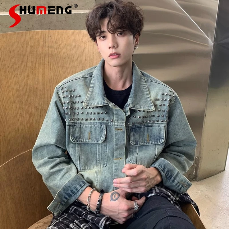 

Masculinity Rivet Denim Jackets Men 2025 Spring Autumn New American Style Denim Coats Male Trendy Retro High-end Denim Jackets