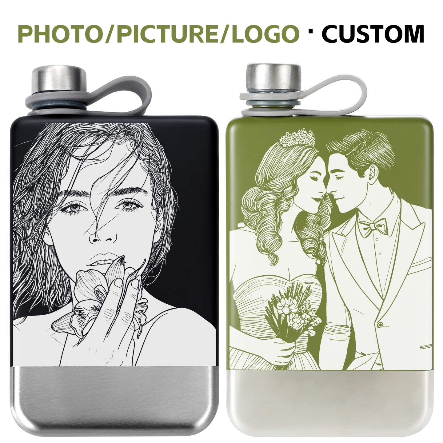 9oz 304 Stainless Steel Hip Flask Custom Photo Logo Text Laser Engraved Portable Water Bottle for Whiskey Vodka Men Gift