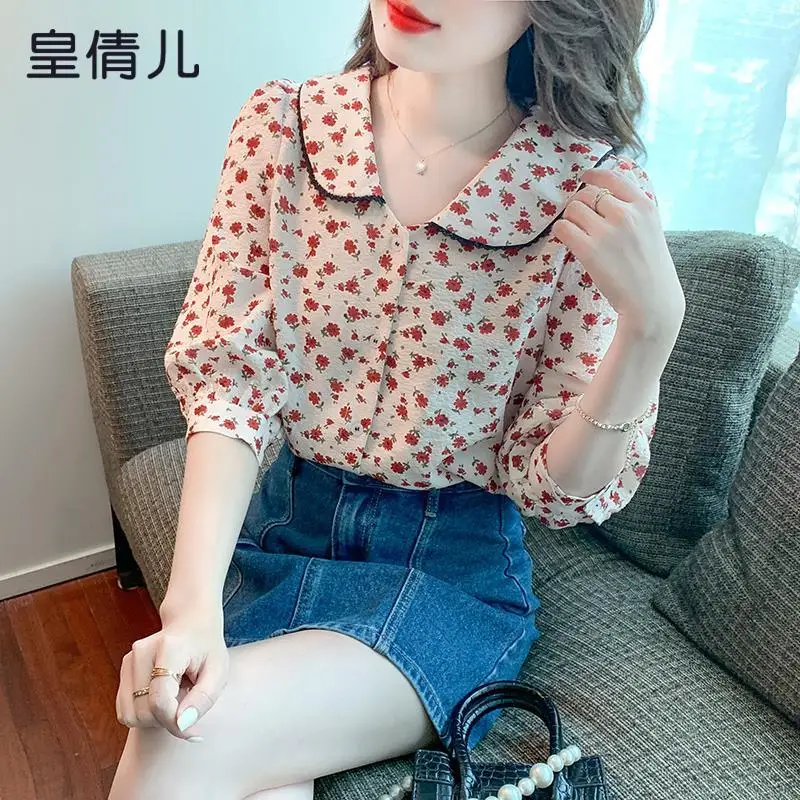 Cropped Sleeves Retro Floral เสื้อชีฟองผู้หญิงใหม่ตุ๊กตาคอหลวมและ Slim Temperament