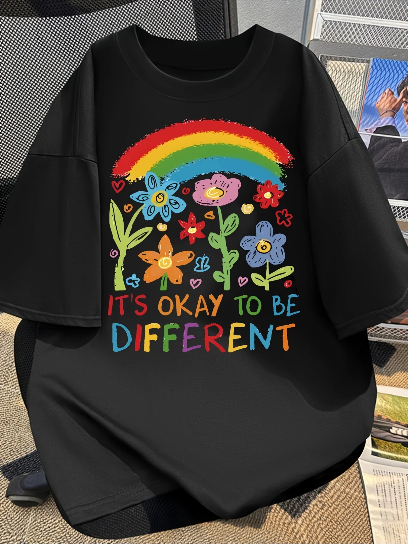 It's Okay To Be Different T Shirt Women Men Summer Rainbow Flower Graphic Tee Inspirational Quote Short Sleeve Loose Casual Top