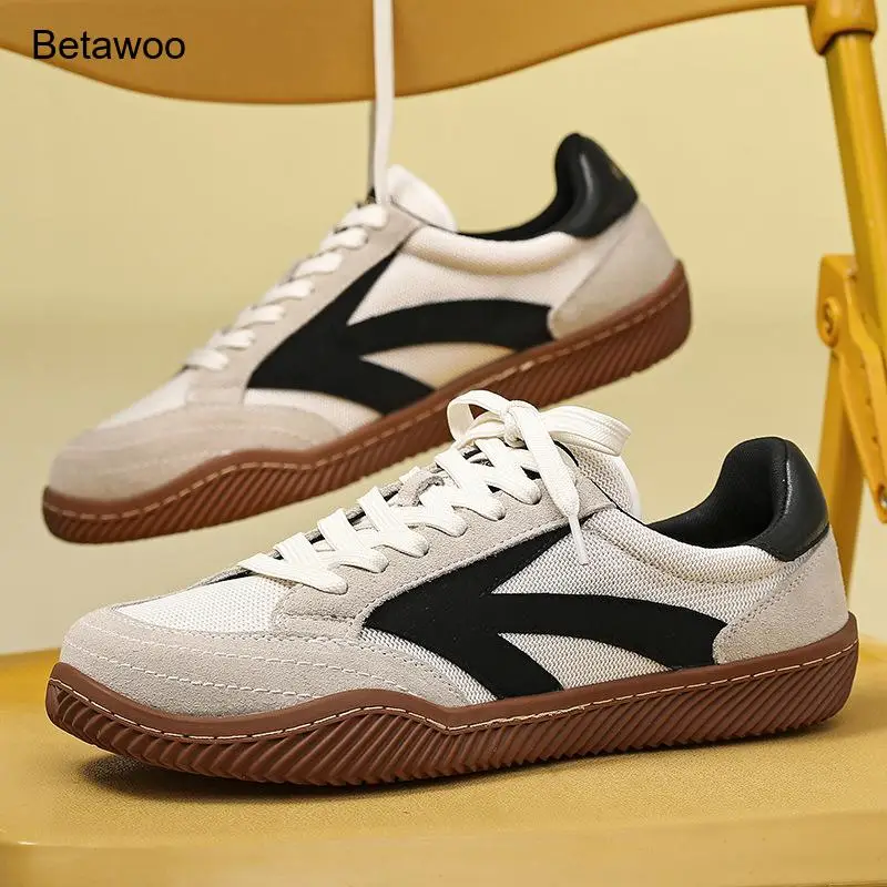 Mens Beige Black Color Block Low Top Sneakers Retro Casual Gum Sole Trainers