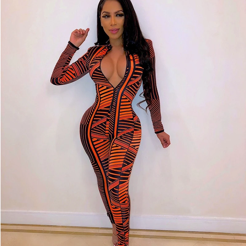 

Sexy Bandage Bodycon Jumpsuit Women Party Overalls Print Front Zipper Long Sleeve Pant Casual Rompers Womens Jumpsuit Nightclub