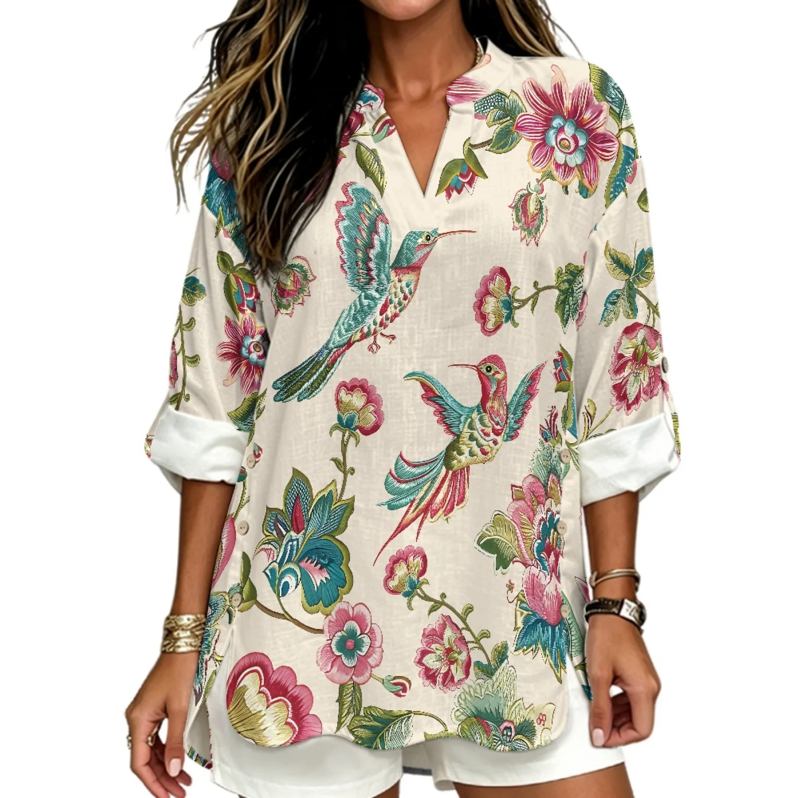 PENSTROLL Hummingbirds Flower Flowy Hem Loose Fit Blouses for Business Linen Like V Neck Shirts Sizes S-5XL