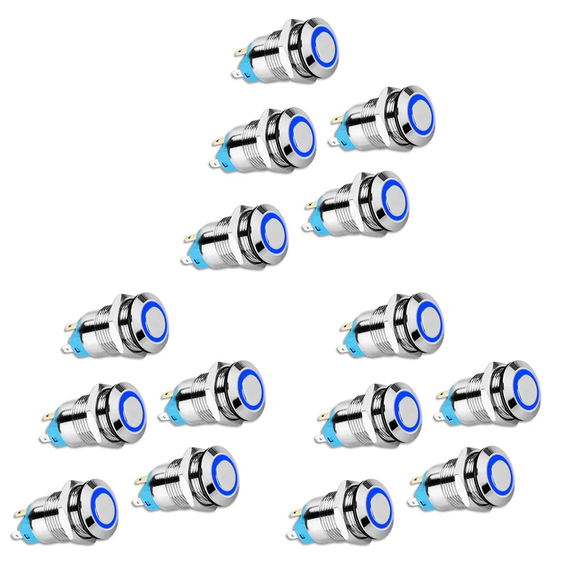 

15PCS 12Mm Latching Push Button Switch High Round Cap, Waterproof Metal Push Button Switch With 12V/24V Blue Light