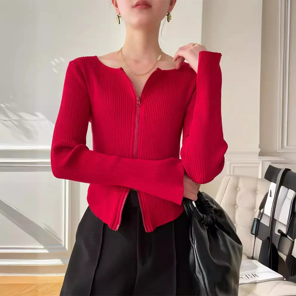 

6956 Autumn Winter Hot Girl Round Neck Double Zipper Slim Sexy Irregular Cuff Split Cardigan