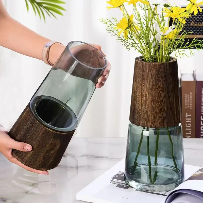 

Creative Solid Wood Base Glass Vase Modern Minimalist Flower Arrangement Wooden Pier Vase Living Room Cafe Bedroom Decoration