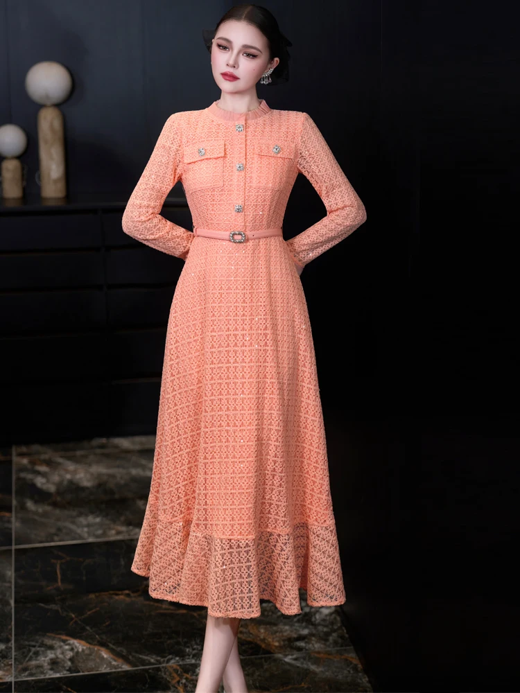 فساتين سهرة فرنسية أنيقة برقبة دائرية وأكمام طويلة من الدانتيل والترتر وحزام خصر عالي بقصة ضيقة فستان طويل للنساء #5