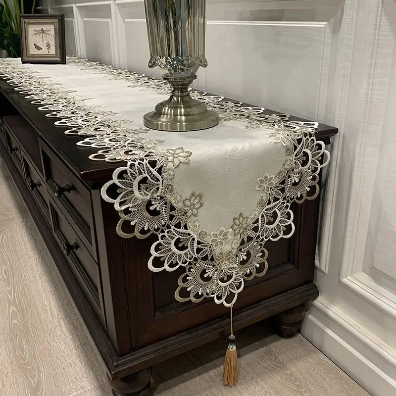 Table Runner Embroidered Cabinet Tablecloth Lace Pendant Tassel Dresser Table Flag Dust Cover for Wedding Valentine's Day decor