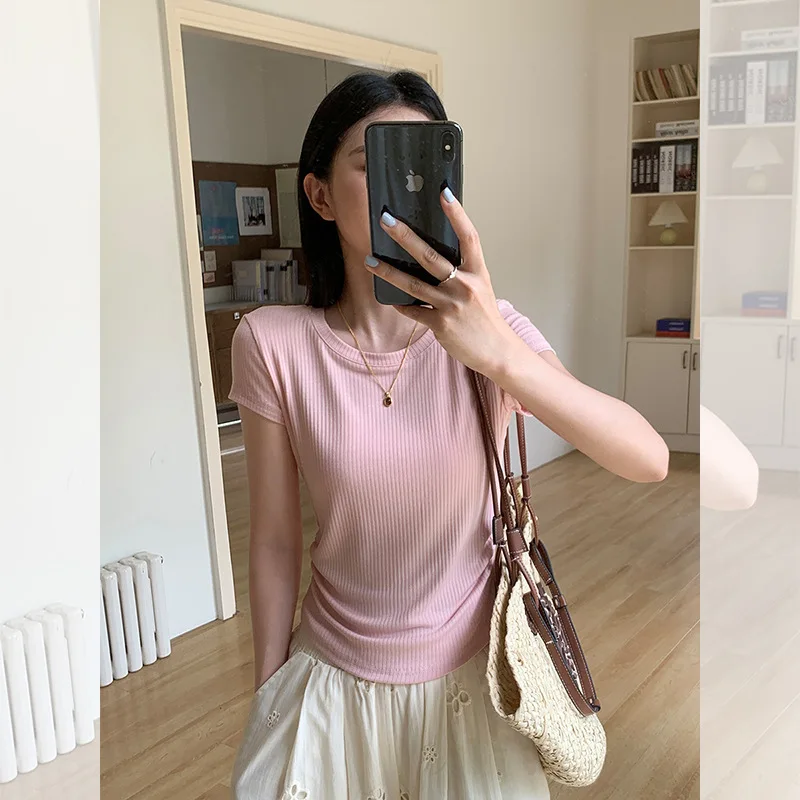Korean Style Vertical Striped Short Sleeve T-Shirt 2025 Summer New Curved Hem Side Waist Drawstring Slim Fit Top for Women