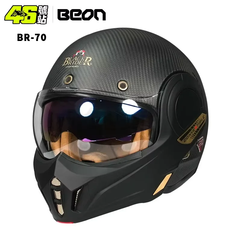 BEON BR70 Carbon Fiber Flip Up Helmet, Dual Visor Lightweight Modular Full Face Motorcycle Helmet ECE Approved