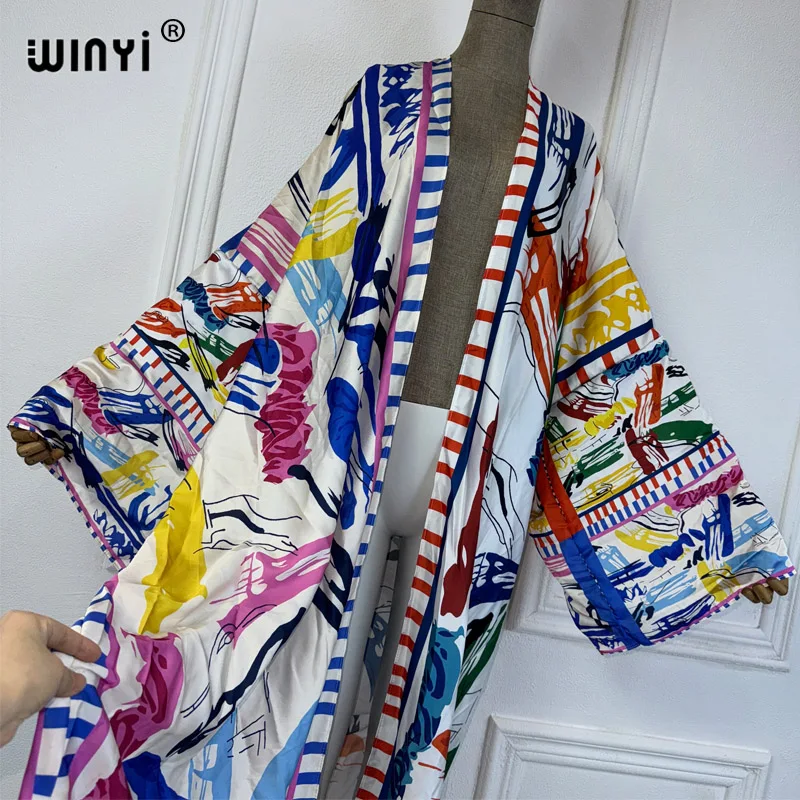 WINYI-kimono veraniego para mujer, ropa de playa, vestido playero, cárdigan bohemio maxi, abayas, caftán con estampado de grafiti, 2024