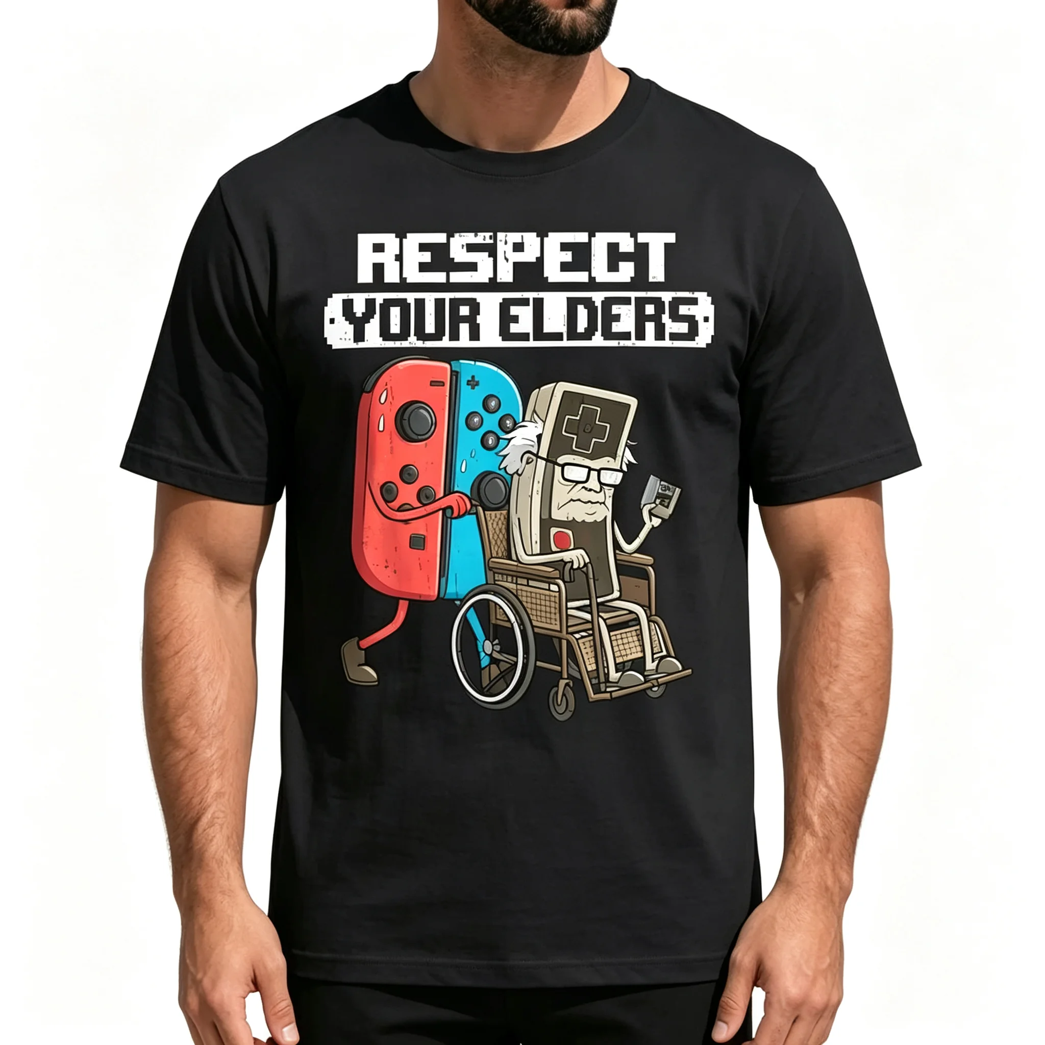 Vintage Gaming Graphic Men T-shirt Funny Switch Handheld Console Elder Cartoon Print Crew Neck Short Sleeve Casual Cotton Tees