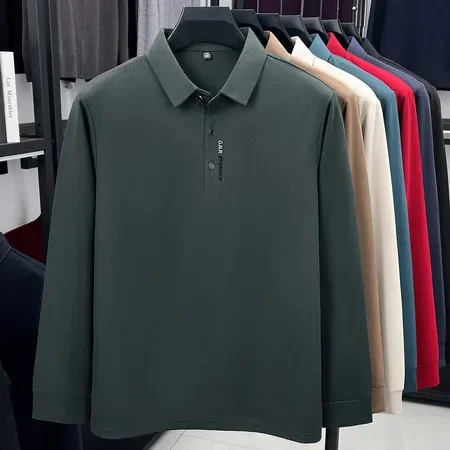 Male Classic Lapel Collar Long Sleeve Polo Top Minimal Letter Decoration Comfort Stretch Fabric Daily Slim Fit Mens Shirts