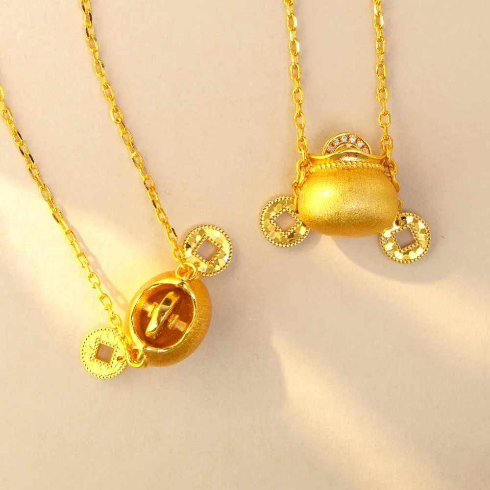 Drawwire purse tassel copper coin pendant vintage small fortune bag collarbone chain 9999gold