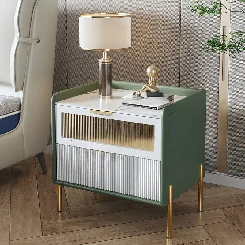 Solid Wood Stone Plate Bedside Table Modern Minimalist Storage Light Luxury Bedroom Bedside Small Storage Cabinet