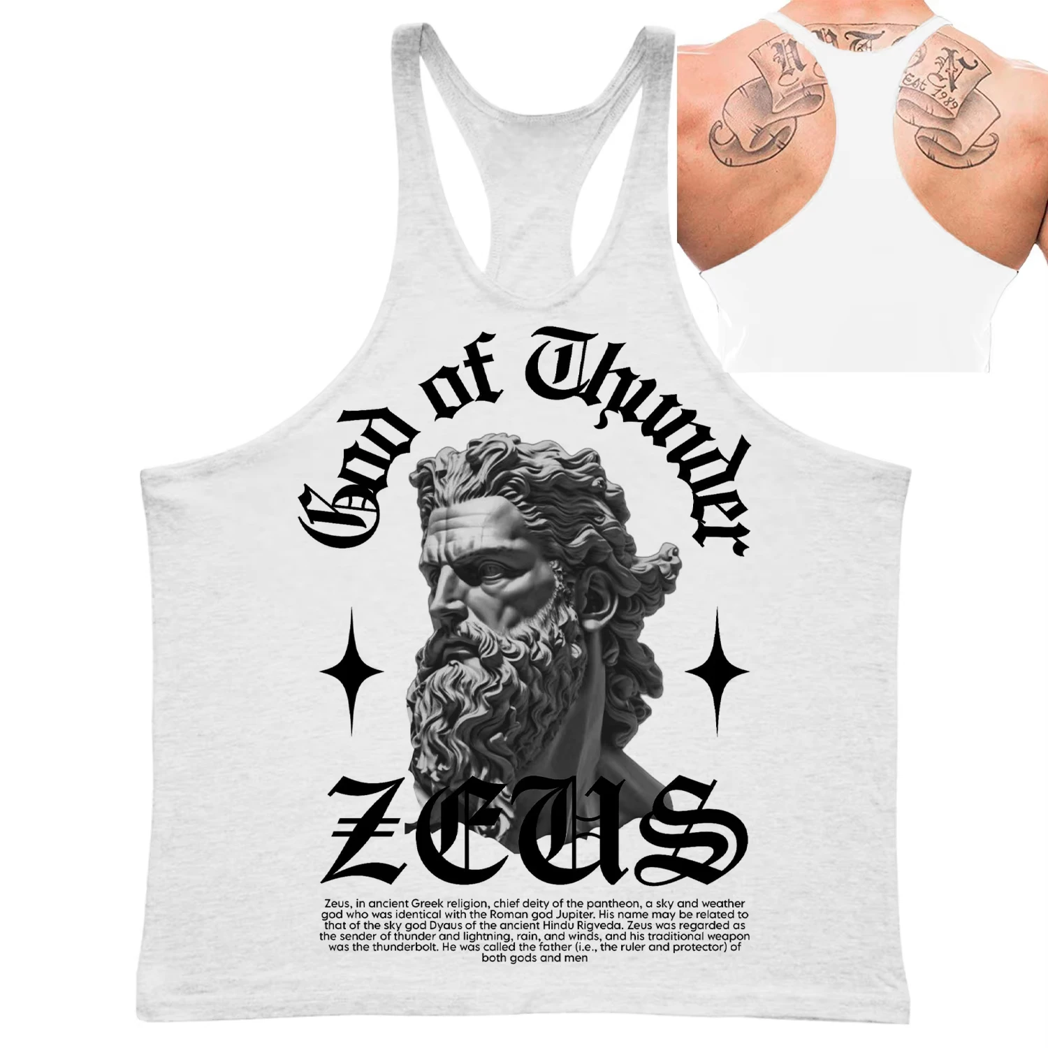 Men's Zeus God of Thunder Graphic Stringer Vest Gym Fitness Racerback Tank Top Breathable Stylish for Bodybuilding & Workout