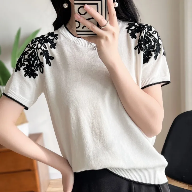 2023 Summer New Ice Silk Knitwear Round Neck Double Shoulder Embroidered T-shirt Unique Design Short Sleeve Women\'s Thin Top