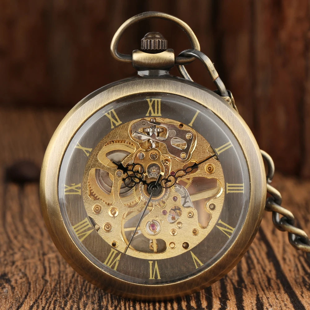 Reloj de bolsillo mecánico de cuerda manual con números romanos y cara abierta Vintage, moda de bronce para mujeres y hombres, cadena Steampunk para regalo