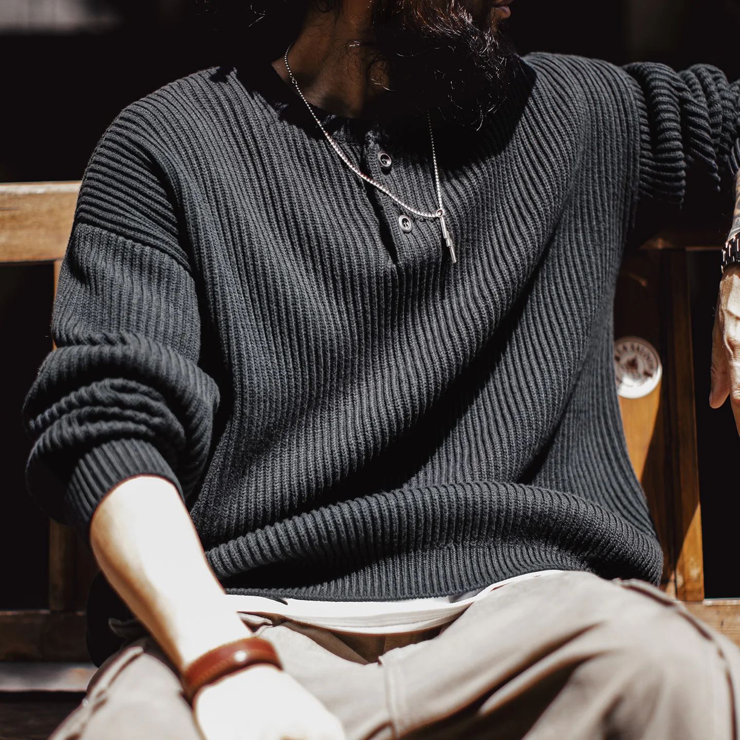 Maden Men's Retro Heavyweight Henley Sweater Thickened Warm Black Knit Pullover Loose Fit Knitwear for Autumn and Winter Tops