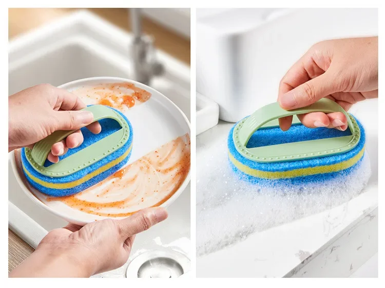 Sponge Cleaning Brush with Handle Thickened Stain Removing Clean Brush Pot Tile Kitchen Toilet Bathroom Cleaning Sponge Wipe