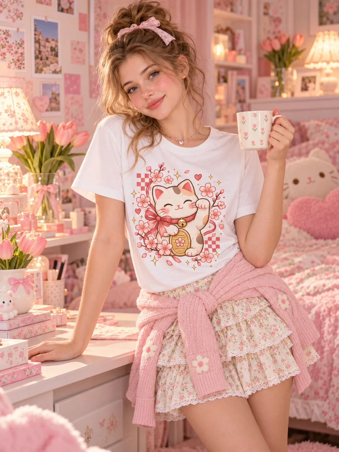 100% Cotton Soft Maneki Neko Sakura Graphic T-Shirt Women Kawaii Lucky Cat Print Short Sleeve Tee Casual Summer Tops