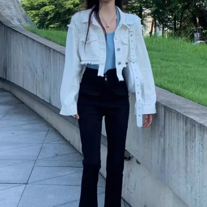 Denim Cropped Jackets Women Ripped Aesthetic Vintage Solid Streetwear Harajuku All-match Clothing Fashion Temper Ulzzang Lady