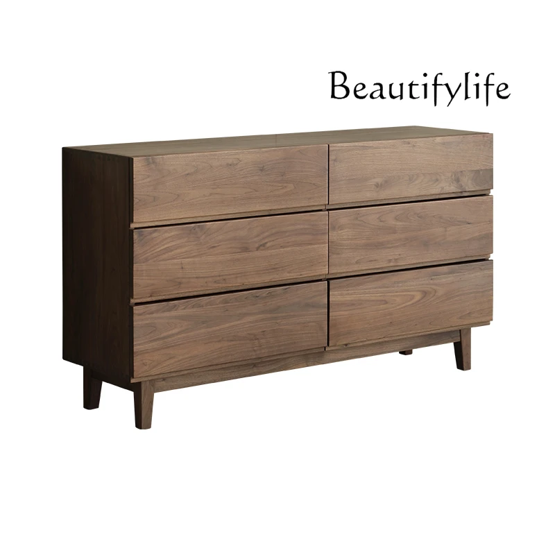 Nordic Solid Wood Chest of Six Drawers Black Walnut Wooden Cabinet Modern Minimalist Living Room Locker Living Room