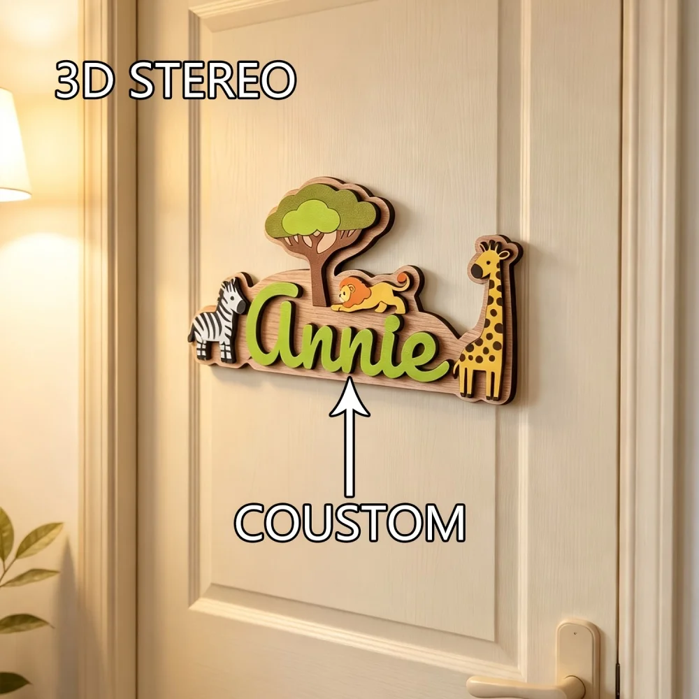 1Pc Wooden Custom Name Double-Layer Door Plaque, Jungle Animal Design Nameplate,Suitable for Home Bedroom/Living Room Door Decor