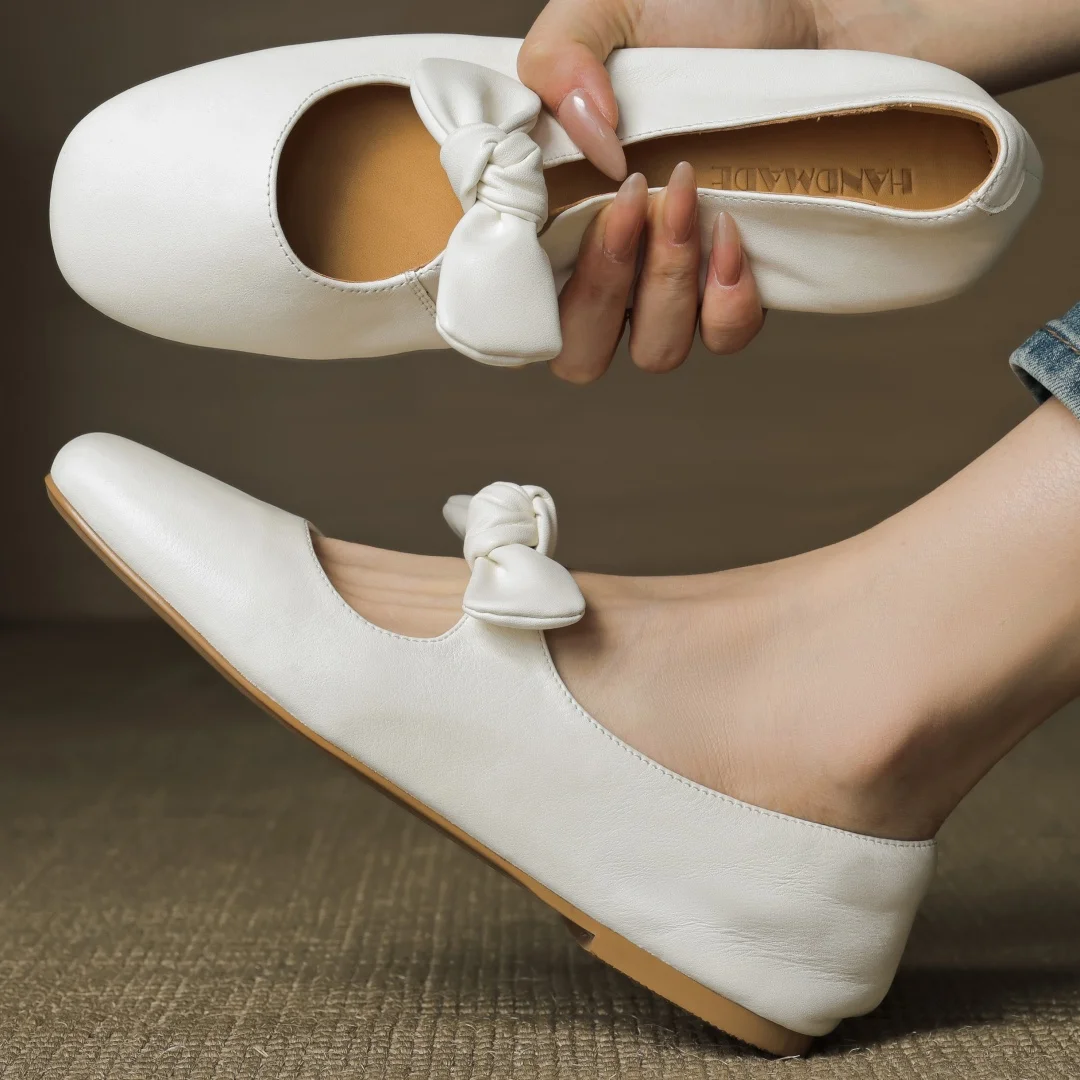 

Women's cow leather round toe sweet bowtie slip-on Mary Jane ballet flats high quality soft comfortable ballerinas shoes woman