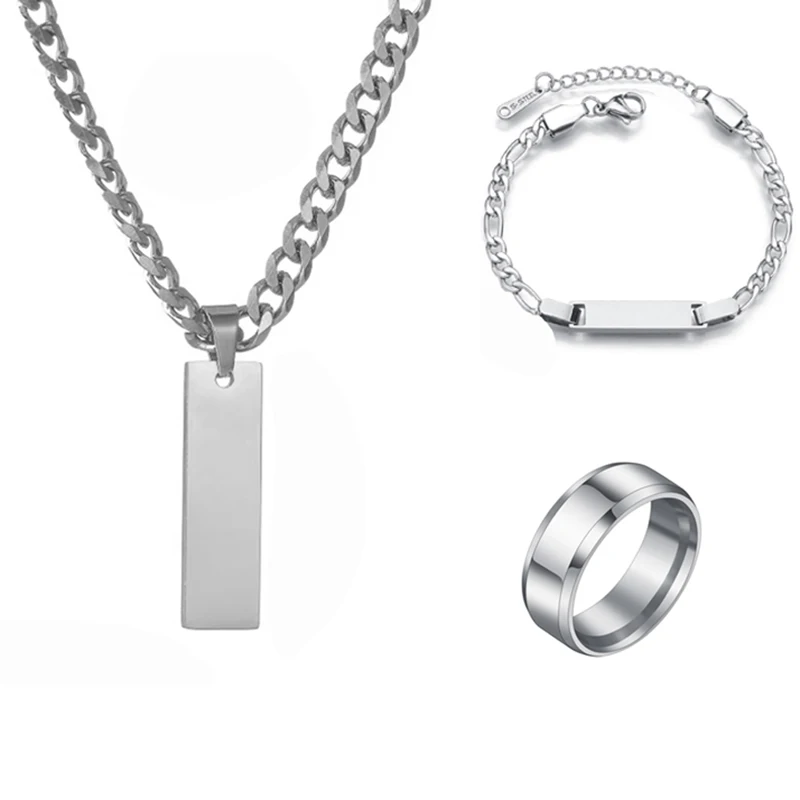 Spark Personalized Custom Thick Chain Engrave Name Date Necklace Bracelet Ring For Men Women Jewelry Set  Birthday Gifts - view 5