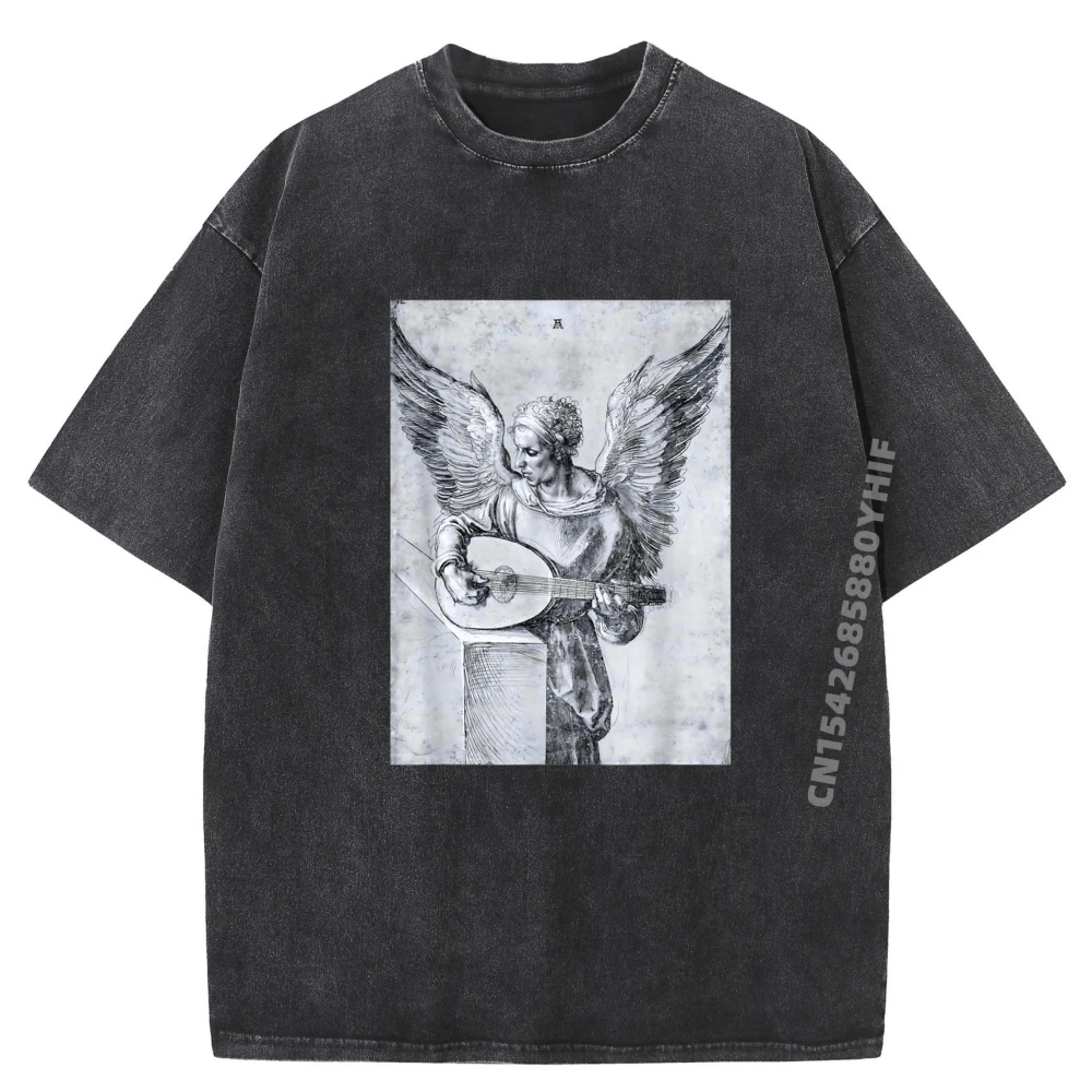 

Забавная мужская футболка Winged Man Playing A Lute Leisure Футболки с рисунком Мужская роскошная дизайнерская мужская винтажная стираная рубашка