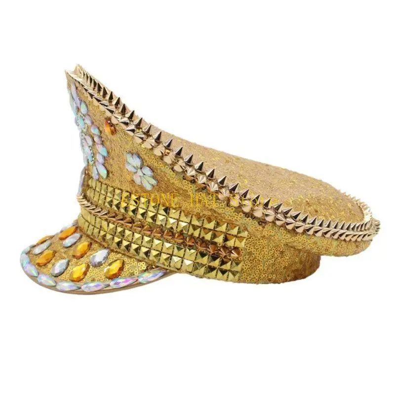 49MF スパンコール キャプテンハット クリスタルセーラーハット ディスコハウス カクテルパーティー 休暇用 キラキラクリスタル コメディアン俳優用