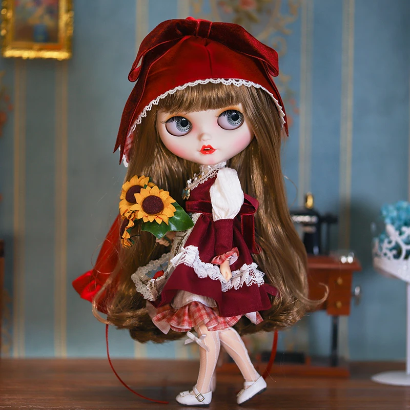 BJD Doll clothes fit on Blythe Size Vintage Red Little Red Riding Hood Apron Maid Suit Doll Accessories