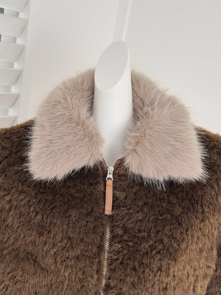 Inverno coreano moda curto falso shearling jaqueta feminina solto ajuste manga longa quente casaco macio gola de pele estilo doce chiques topos