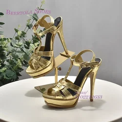 Tacones ondulados de piedra dorada para mujer, sandalias de cuero negro y plateado con hebilla de plataforma abierta, zapatos de moda de 14cm, 2024