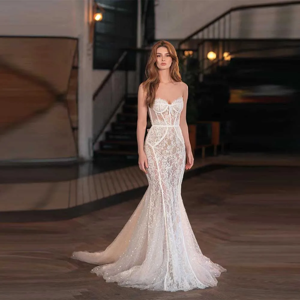 カスタマイズされたマーメイドウェディングドレスストラップレスブライダルガウングリッターノースリーブヴィンテージレースボヘミアンウェディングガウンvestido novia 2025
