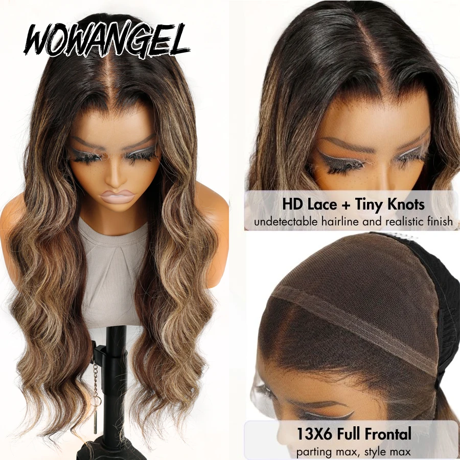 Hd Lace Frontal Wig Human Hair Pre Plucked - باروكة وووانجيل باليجيه هايلايت بتموجات طبيعية،
