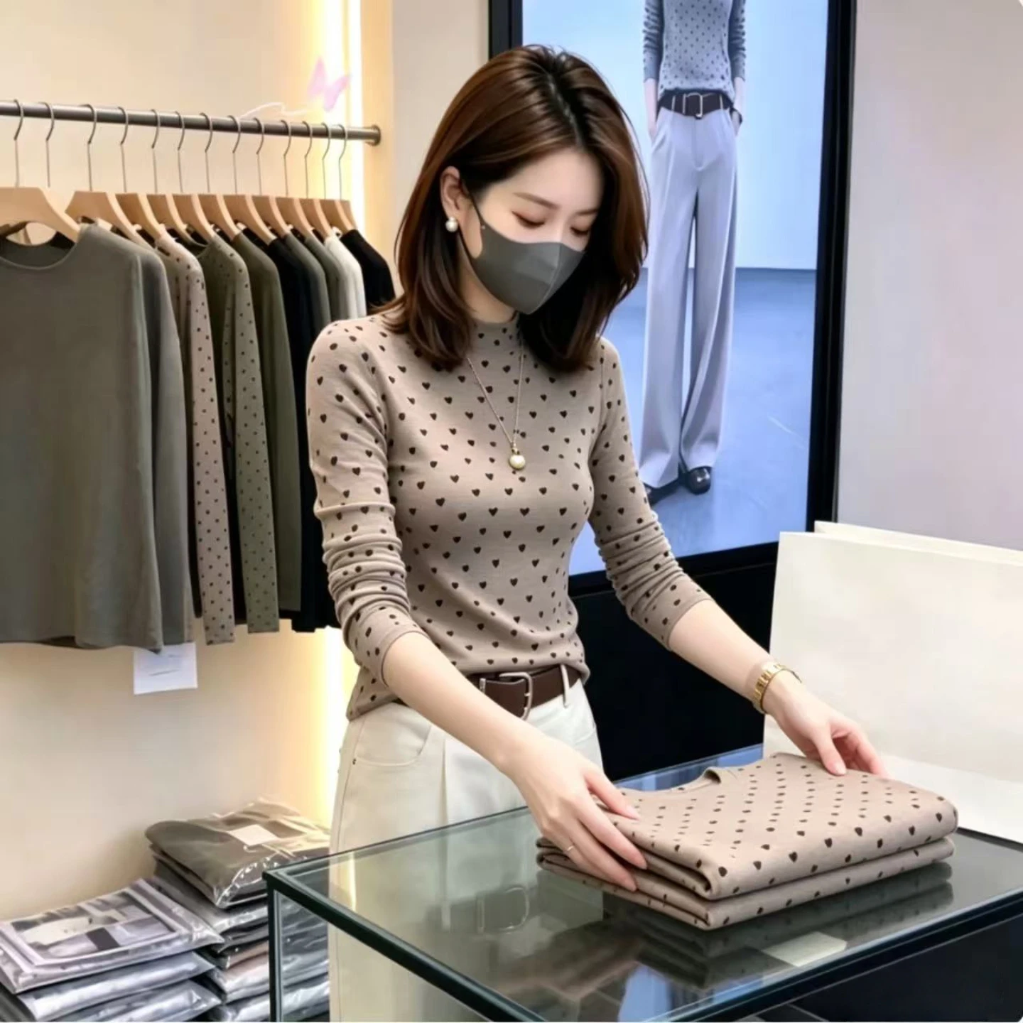 German Velvet Mommy Style Long Sleeve Heart Pattern Casual Top Half High Collar Autumn Winter Versatile Breathable Polyester ...