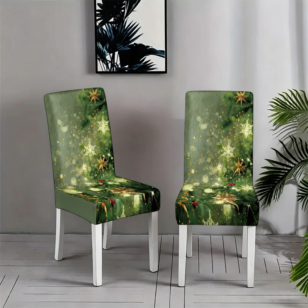 Christmas deep green light spot golden octagonal star pine branch holly pattern printed stretch chair cover