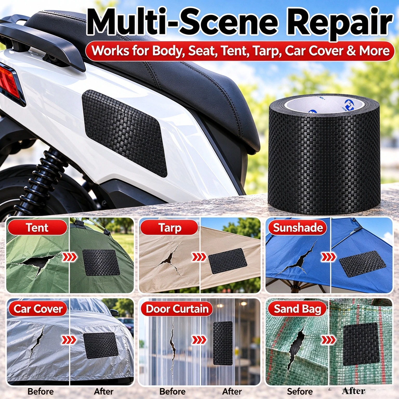 Self Adhesive Waterproof Repair Tape for Scooter Body Seat Tent Tarp Awning Patch,Tarpaulin Canopy Truck Rain Cover and Sunshade