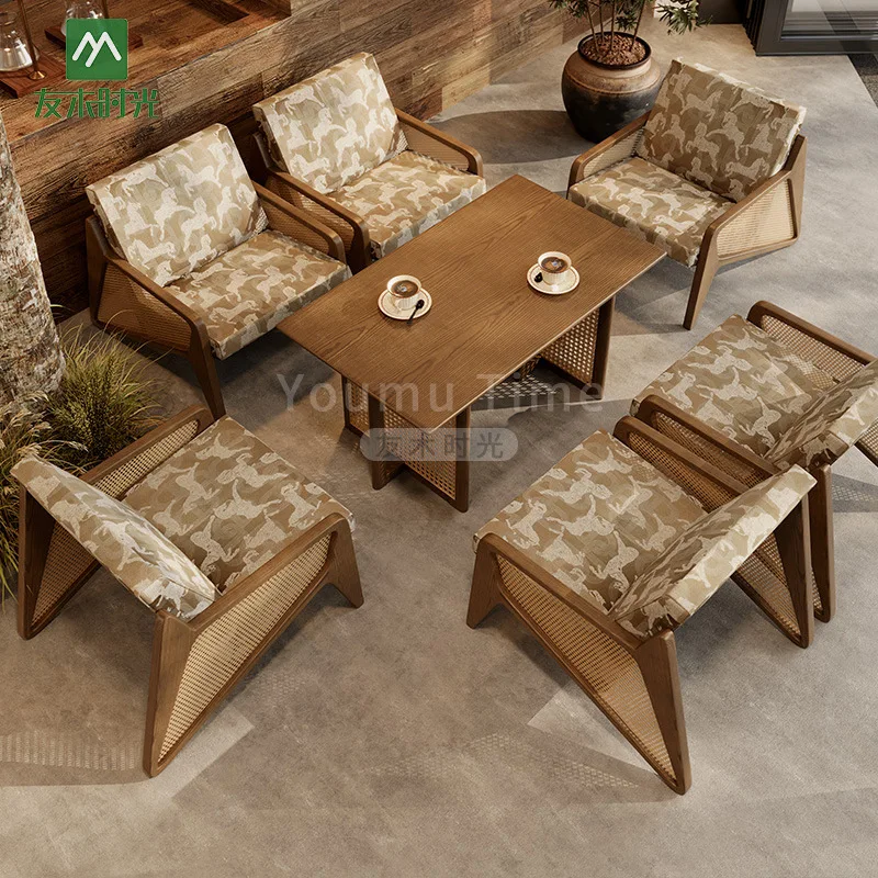 New Chinese teahouse tables and chairs coffee shop tea shop tables and chairs catering shop sofa rattan commercial solid wood ta