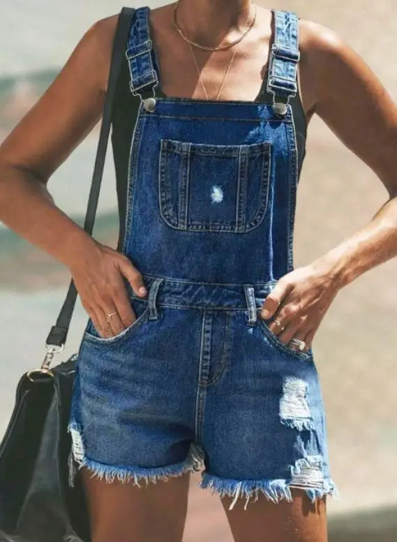 ملابس نسائية صيفية كلاسيكية بلون سادة ورقبة مربعة وحزام كتف قابل للتعديل بدون أكمام فضفاضة من قماش الدنيم بأرجل مستقيمة