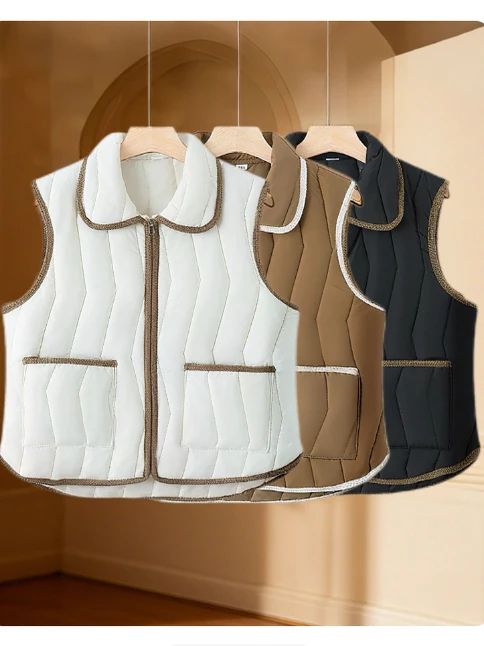 두꺼운 칼라 여성 조끼 가을 패션 슬림핏 컬러 블록 보온 백리스 소형 재킷 겨울 출퇴근 스타일