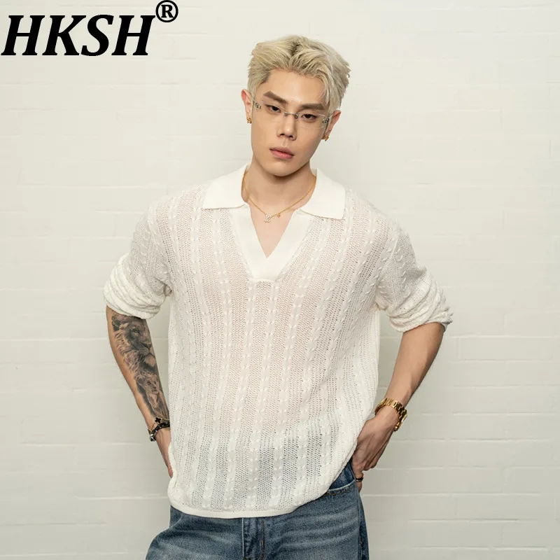 HKSH Men Deep V-Neck Linen Blend Solid Color Turn-down Collar Knitted T-shirt Loose Versatile Long Sleeve Tees Chic Ins HK21892