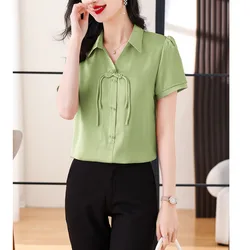 2024 Women's New Summer Korean Version Fashion Loose Versatile Casual Solid Color Turn-down Collar Short Sleeve Shirt Tops